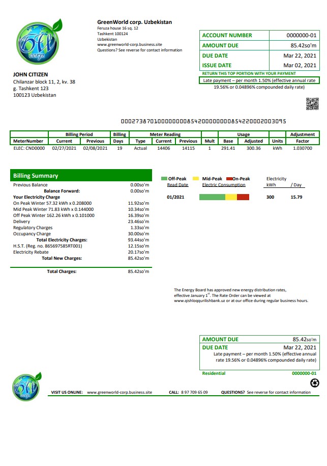 Uzbekistan GreenWorld utility bill template in Word and PDF (.doc and .pdf) format, fully editable